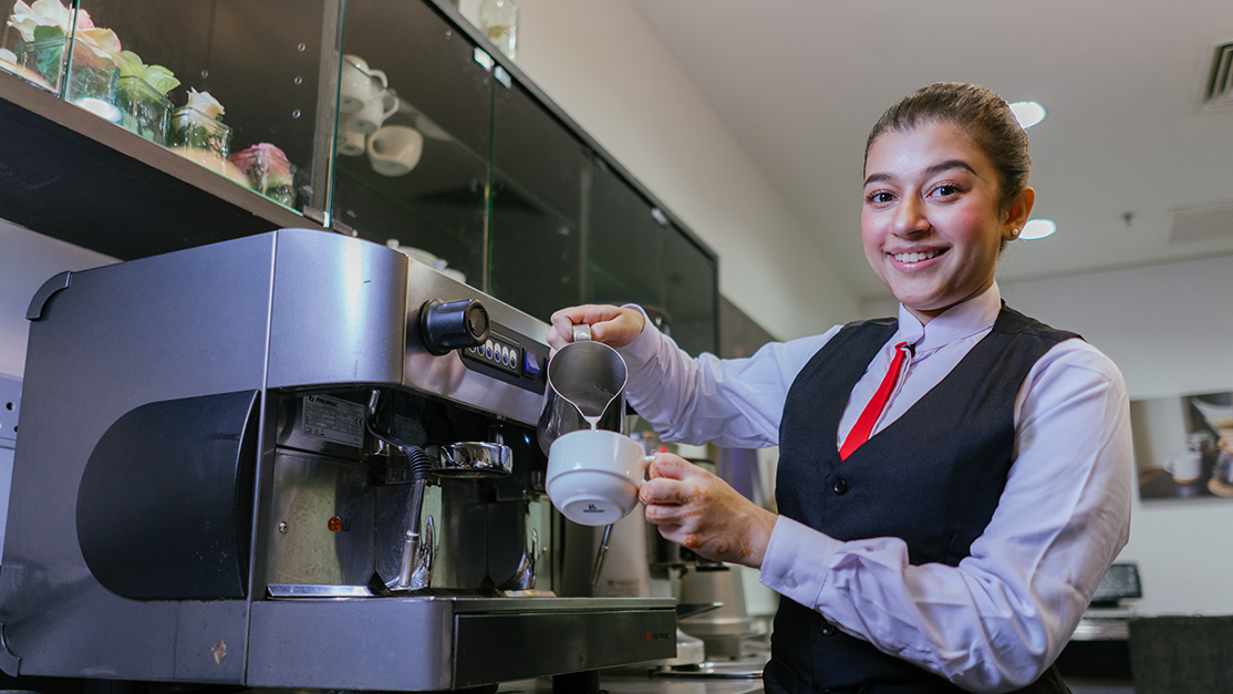 Student practices at tea and coffee room