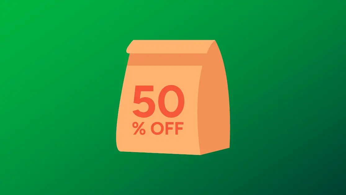 Icon depicting a bag with 50% off text