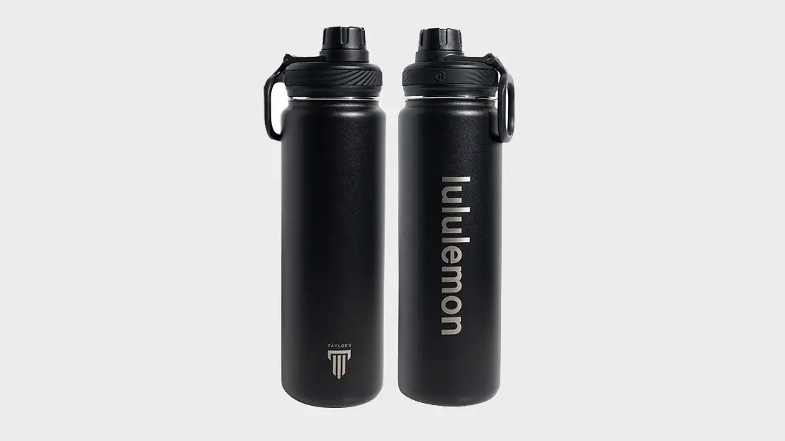 Back to Life Sport Bottle in black, showing the Taylor's and lululemon marks
