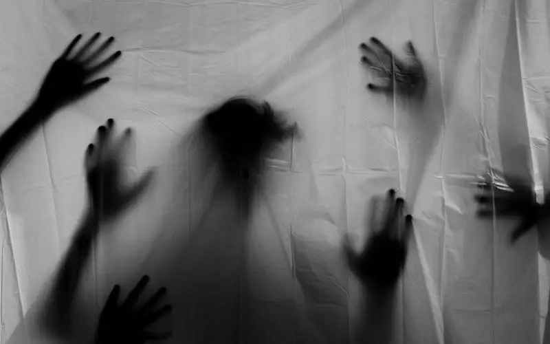 shadows behind a white curtain