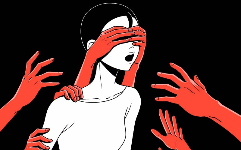 Hands covering the face and reaching for the person