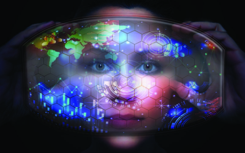 A women getting insights through the world map on a digital screen