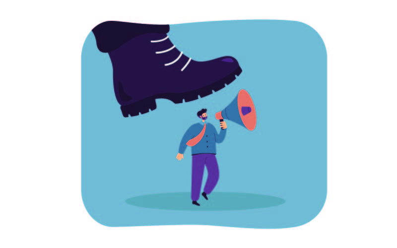 Vector of a shoe suppressing a boy vocalising his opinions