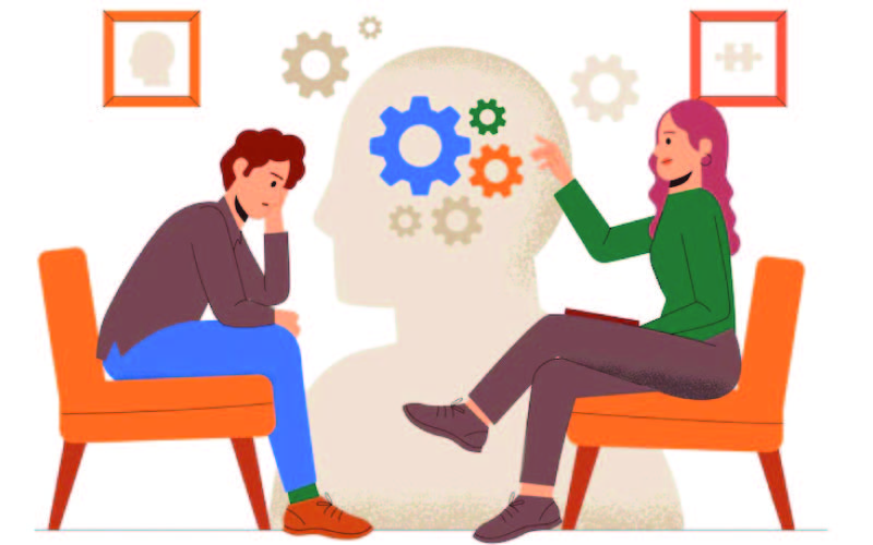 An illustration of a psychologist helping out a clinical patient with his mental well-being.