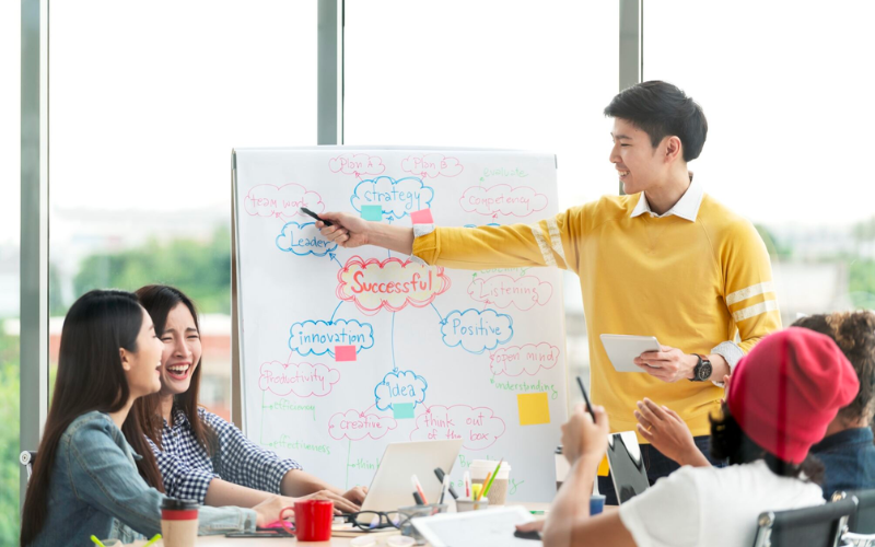 Group of Taylor's students having discussion for business project plan