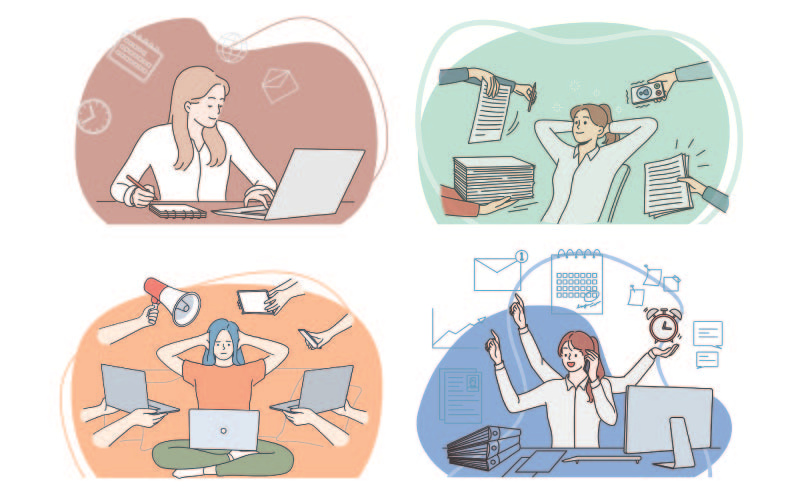 A picture of four individuals multitasking. But are the really being efficient