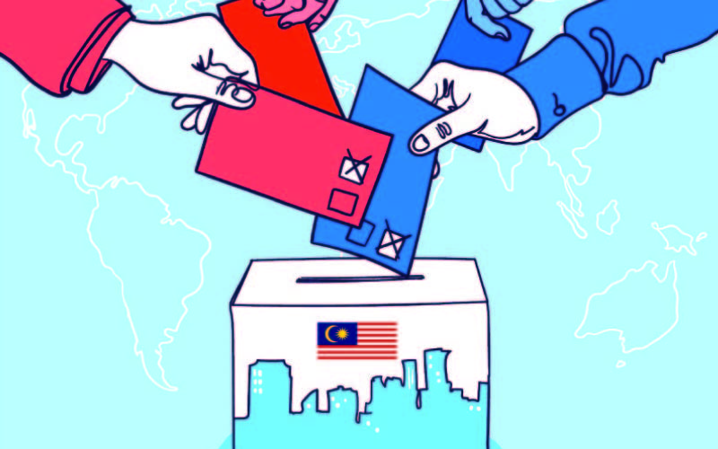 A picture of a different hands putting in their voting ballot into a Malaysian flag ballot box