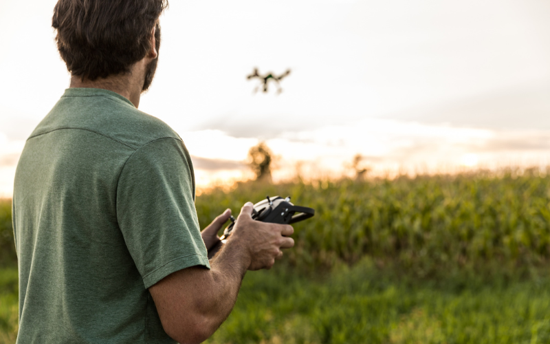 Man flying drone over field
