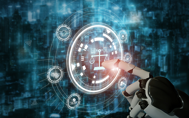 Robot finger tapping on scales of justice