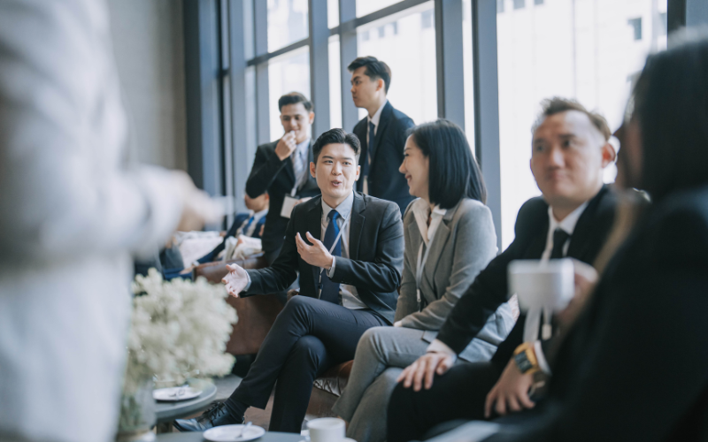 Colleagues discussing business plan