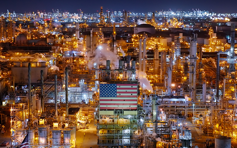 Aerial view of an oil refinery in Wilmington, a neighborhood in the South Bay and Harbor region of Los Angeles, California