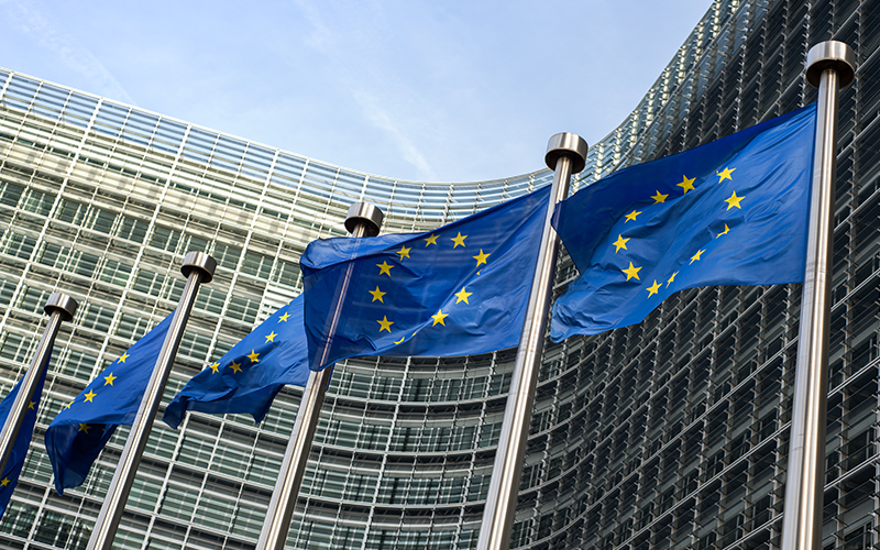 European Union flags in front of the Berlaymont building (European commission) in Brussels, Belgium.