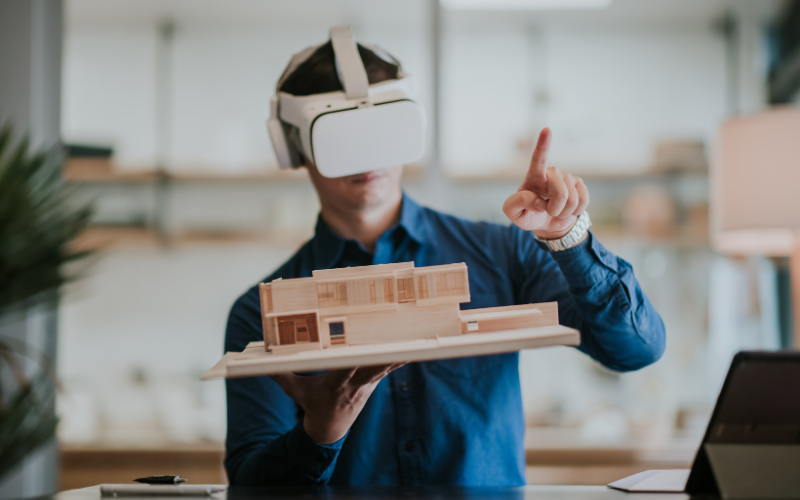 man using vr headset on construction work