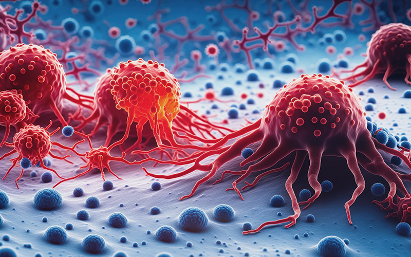 Cancer cells vis - 3d rendered image, enhanced scanning electron micrograph (SEM) of cancer cell.