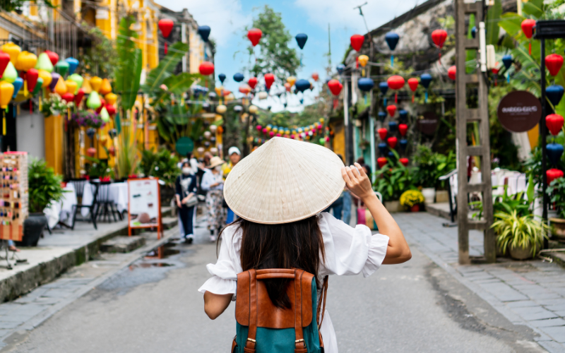 asian tourist woman sightseeing in old town