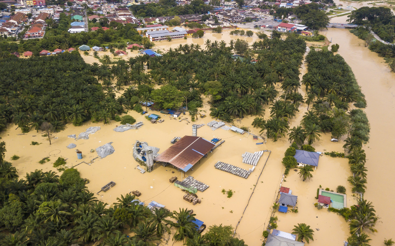 whole residential area flooded with floodwater