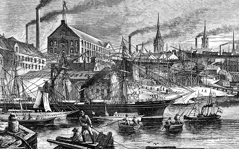 Vintage engraving from 1878 of the Shipyards and shipping of the Clyde, Scotland
