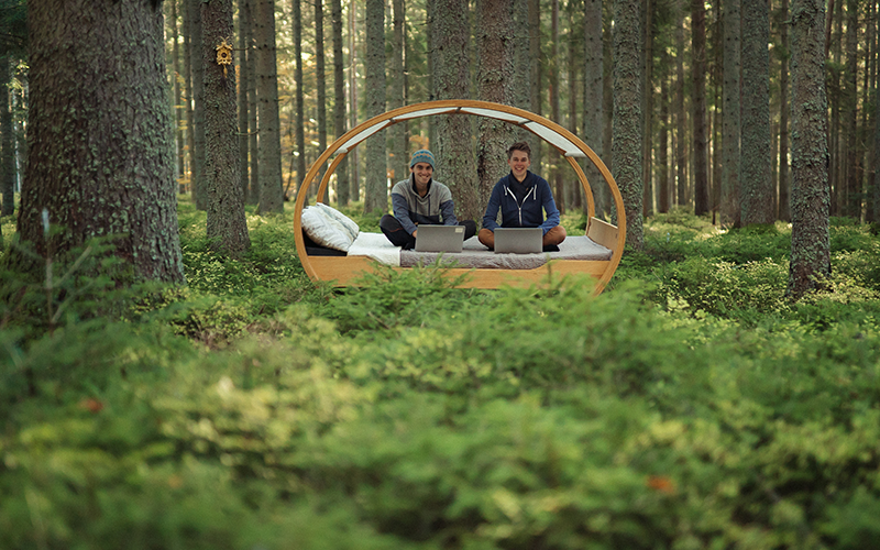 Sustainably made bed is formed from wood and canvas