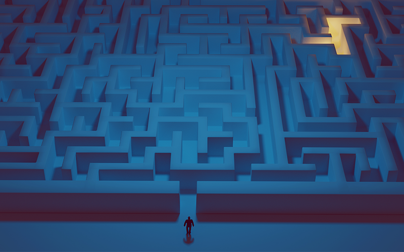 Man stands in front of a big maze and is ready to enter it