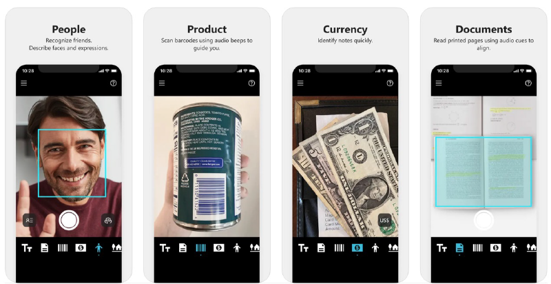 Screenshot showing functionalities of Seeing Ai, obtained from Apple.com