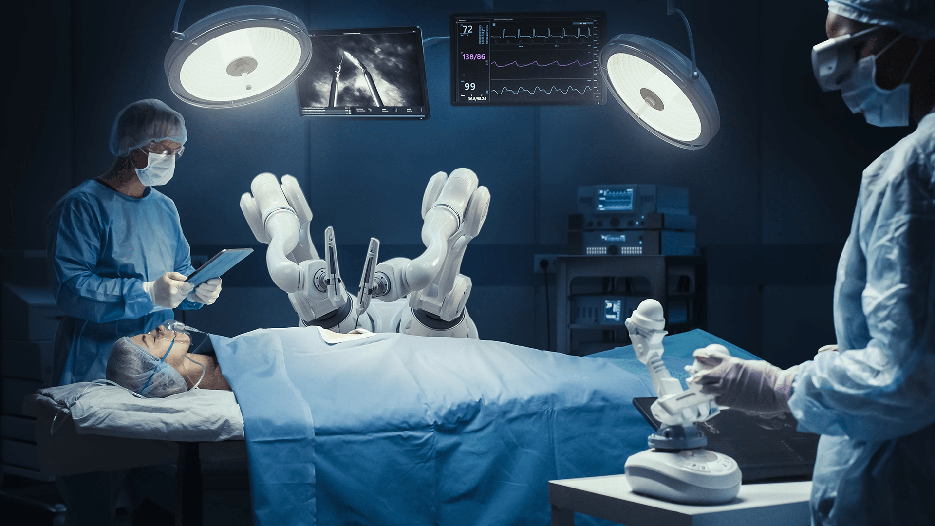 Surgeon Wearing AR Headset And Using High-Precision Remote Controlled Robot Arms To Operate On Patient