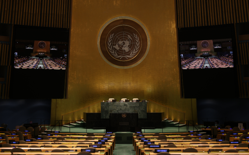 Empty hall of the United Nations General Assembly at the UN headquarters in New York