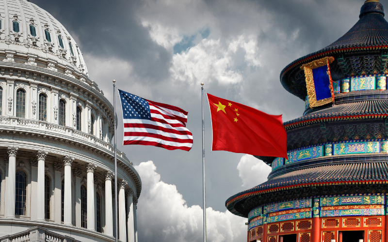 US and Chinese national symbols: The Capitol in Washington DC and Temple of Heaven in Beijing with national flags