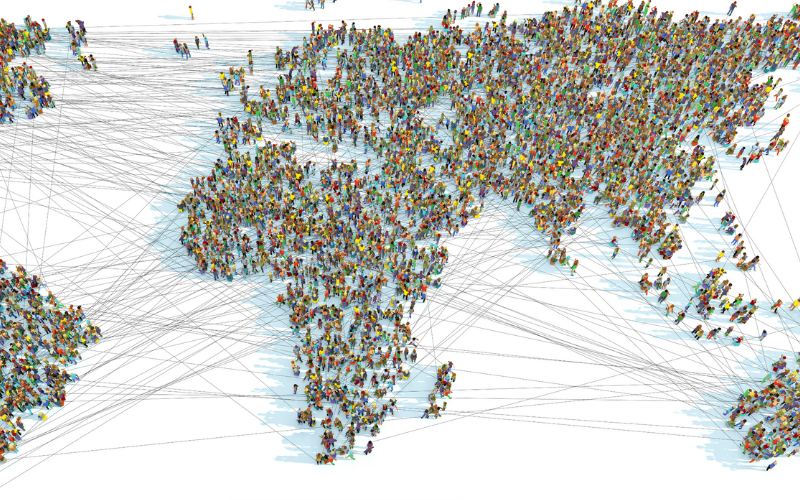 A world map consisting of thousands of connected people