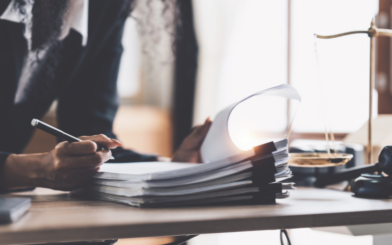 Businesswoman reading lawbook