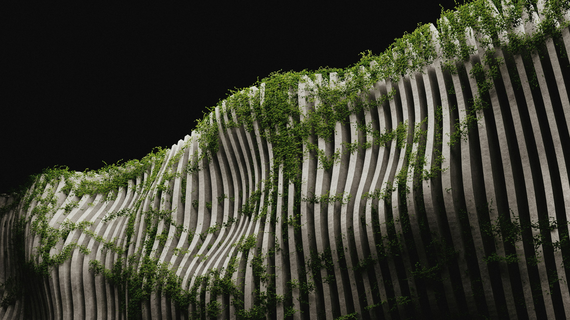 A flowing concrete structure interwoven with greenery