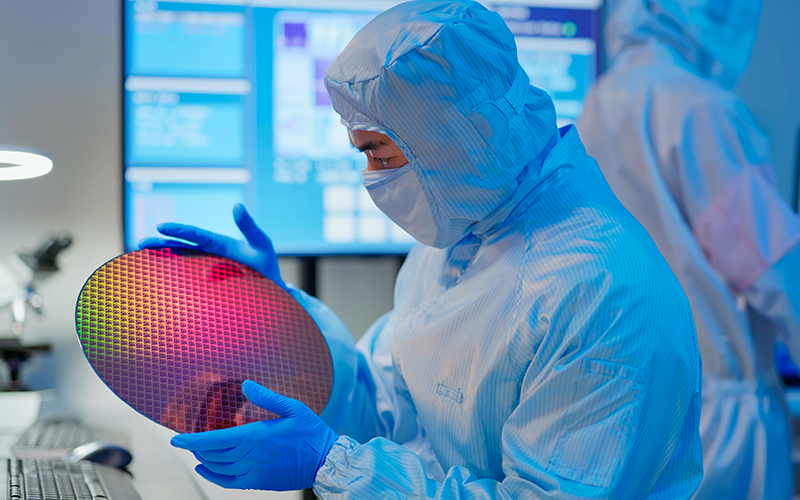 Asian male technician in sterile coverall holds wafer that reflects many different colors with gloves and check it at semiconductor manufacturing plant