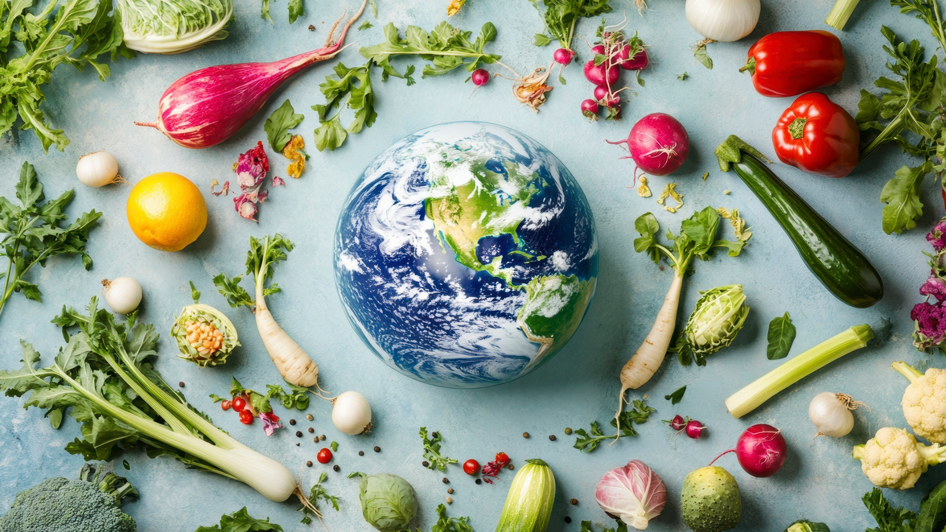 digitally rendered image of the world surrounded by food