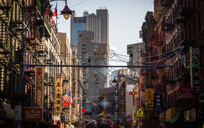 Neon signs line the buildings of Chinatown, New York City