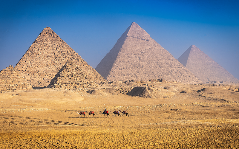 Bedouins riding on camels, pyramids on the background, Giza, Egypt