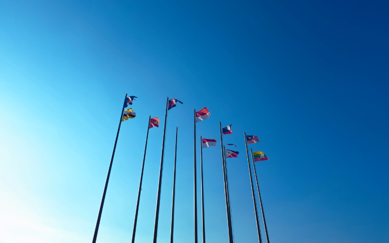 Flags of Southeast Asian nations fluttering under a clear blue sky
