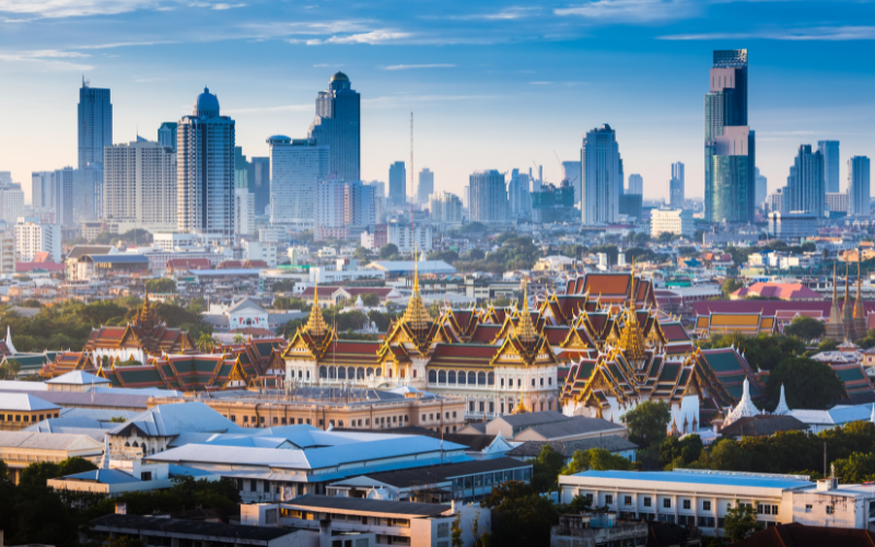 Bangkok’s Grand Palace standing amid the city’s skyline