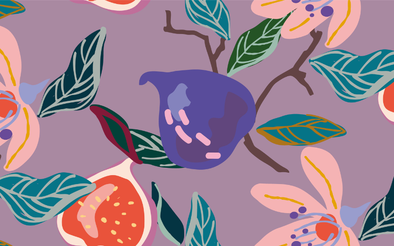 Abstract art of figs and flowers