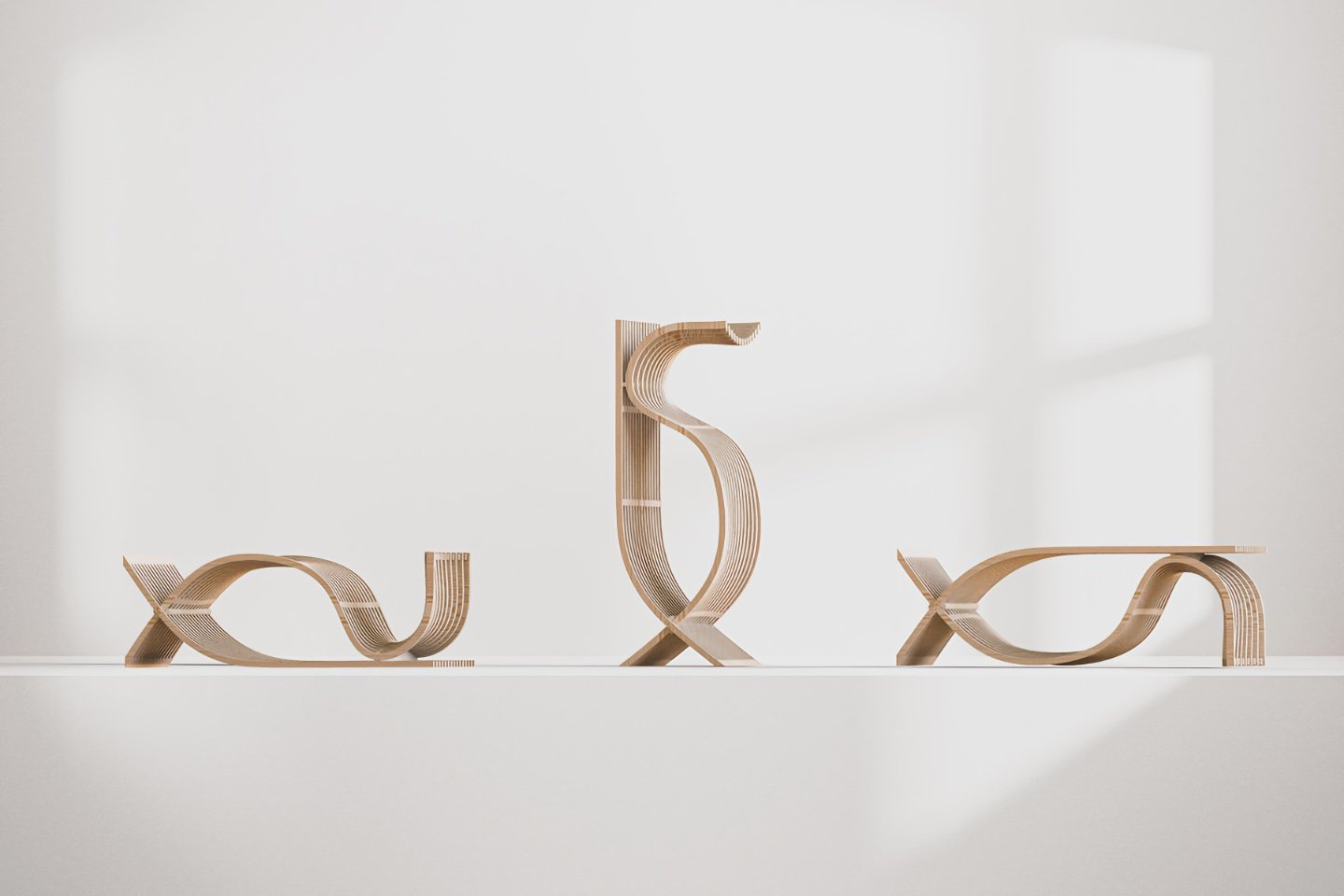 Curved wooden furniture piece(s) showcasing multifunctional design