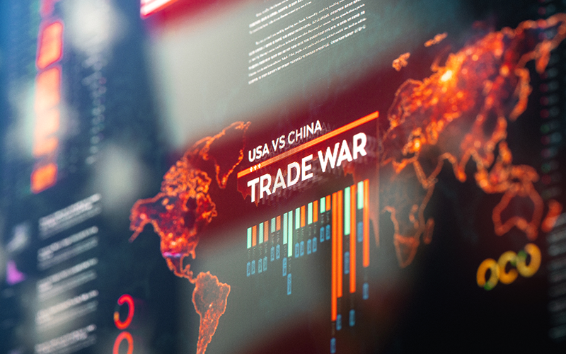 USA against China Global Financial Trade War Background Close-up on Digital Display
