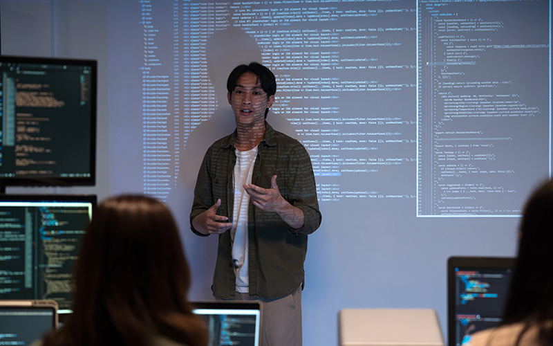 Student in the classroom presenting project