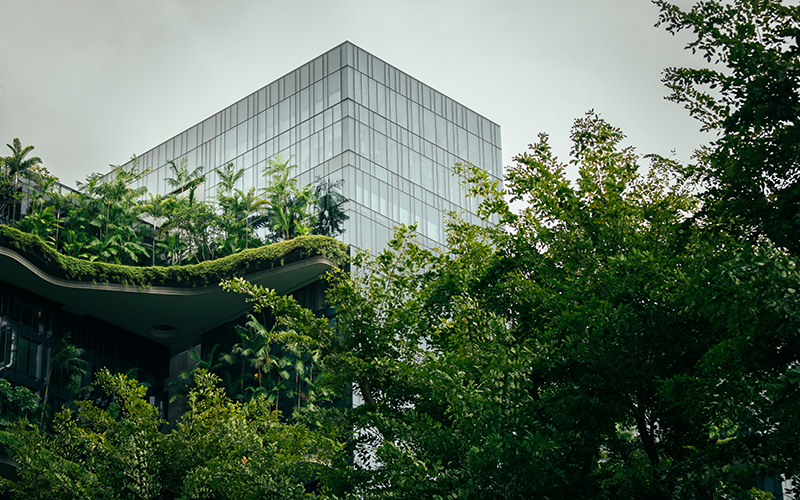 Sustainable resources, green building in city center.