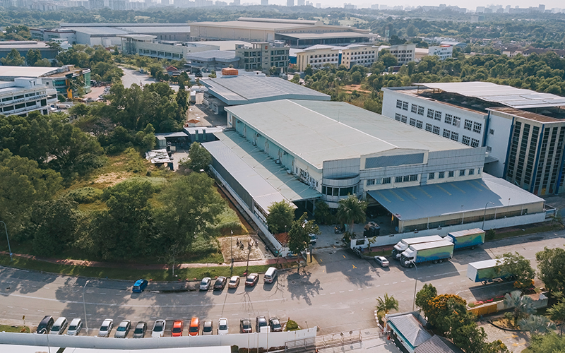 Drone point of view Factory warehouse logistic building Industrial District in the morning