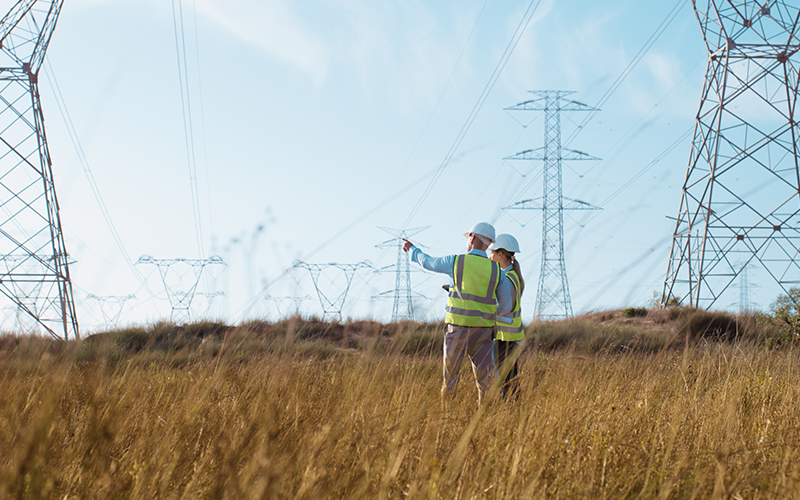 Teamwork, electrical engineer and inspection in power station with tablet for electricity transmission and tower check