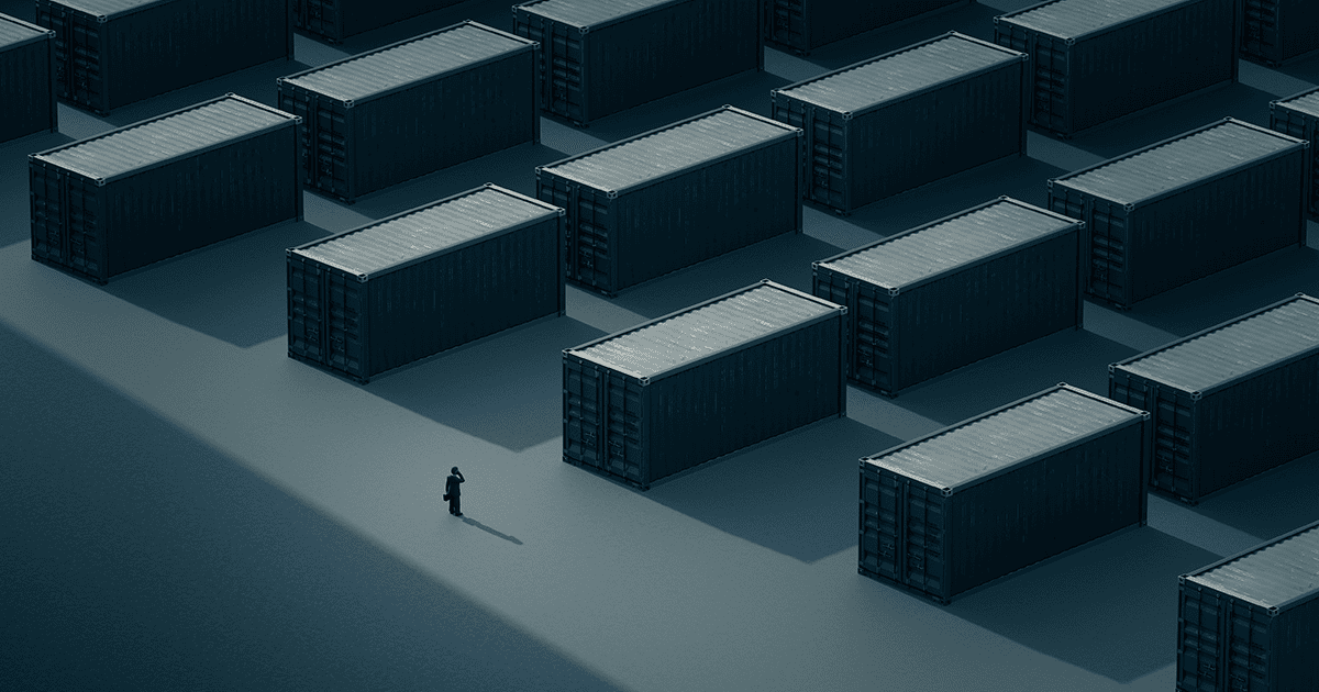 onceptual illustration of international trade barriers, featuring rows of dark shipping containers