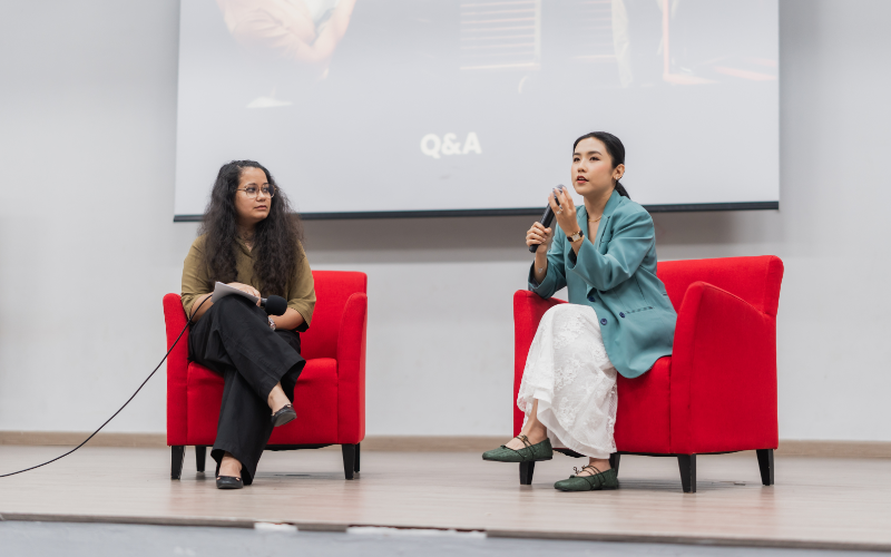 Vanessa Chong answering audience questions during the Q&A segment, alongside session moderator Dr Tasneem