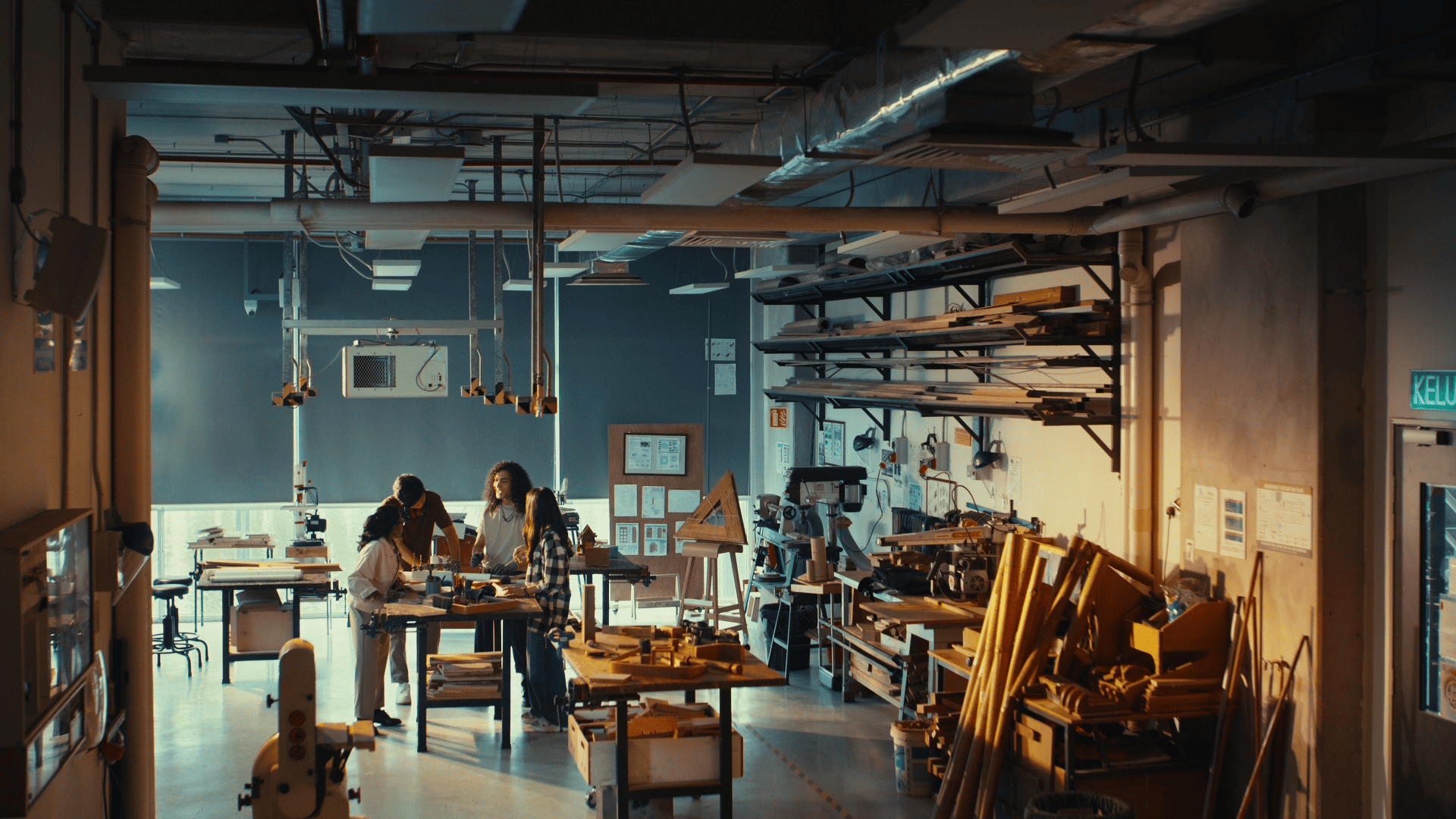 Taylor's students and crew around a workbench in the university's Carpentry Workshop during the filming of 'Further Together'