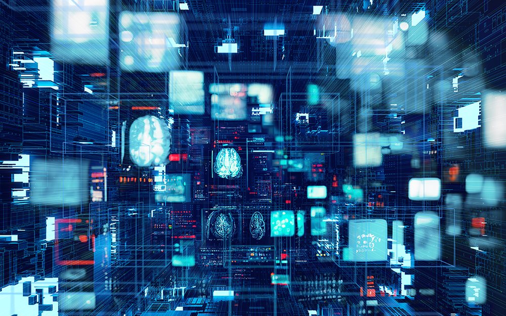 Layers of floating digital screens and circuitry in a dark blue data space