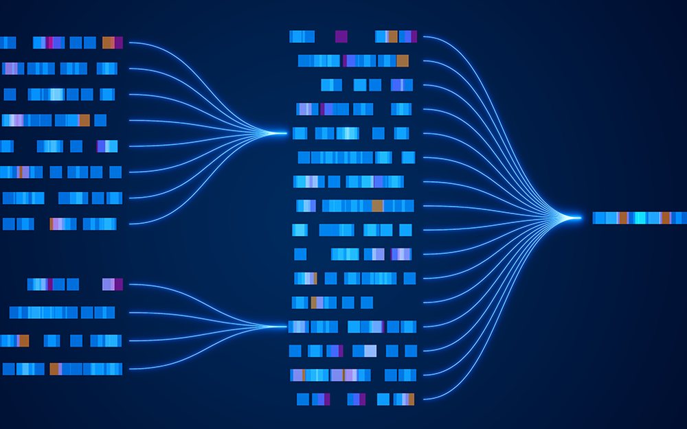 Streams of data blocks converging into a single output, illustrating a machine learning model