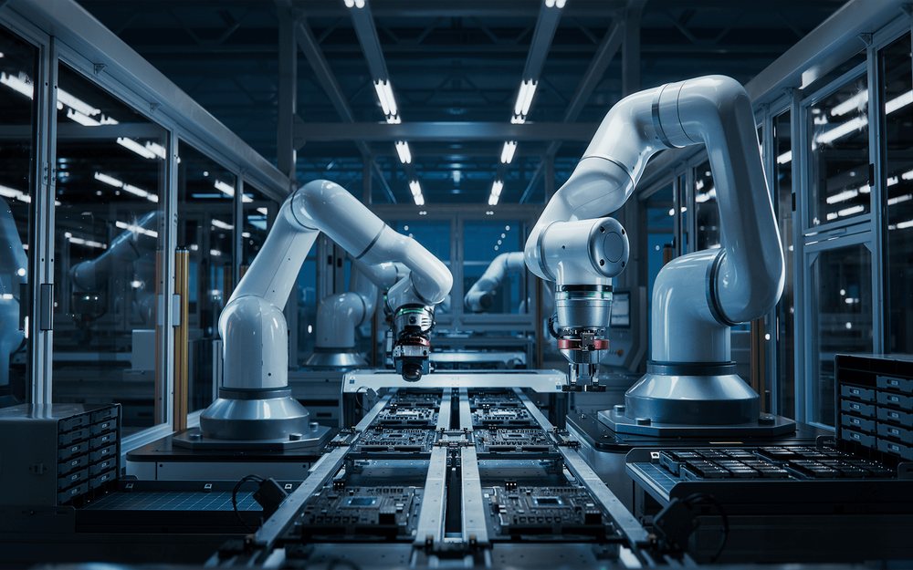 Robotic arms working along an automated electronics production line