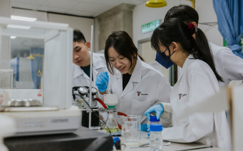 Taylor's pharmacy students working with a filtration setup in the laboratory